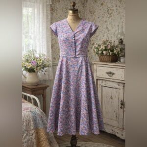 Vintage 1950s Home Sewn Lavender Pink Floral Cotton Fit & Flare Dress